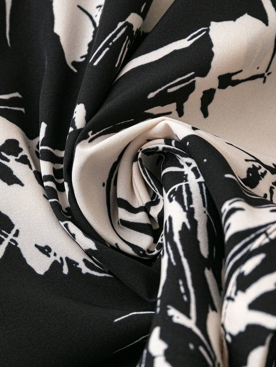 Women’s Black & White Abstract Print Shirt Midi Dress | Button Down 3/4 Sleeve Casual & Office Wear Dress