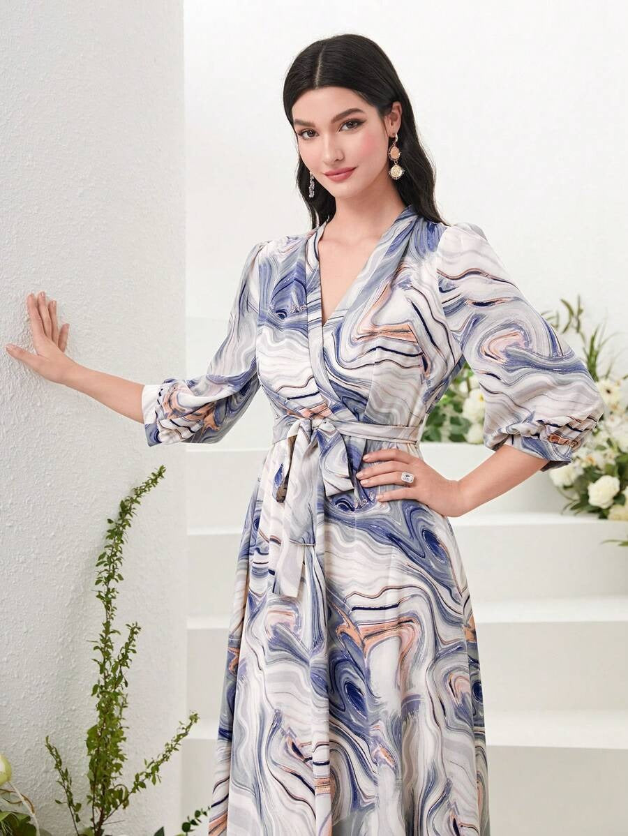 Women’s Abstract Marble Print Wrap Midi Dress | V-Neck 3/4 Sleeve Tie-Waist Flared Dress for Casual, Office & Party Wear