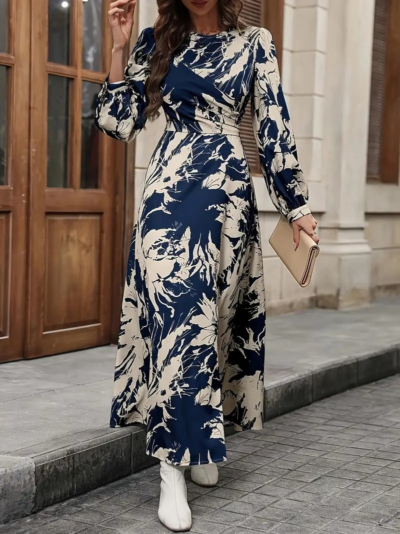 Women’s Navy Blue Abstract Print Long Sleeve Midi Dress | Elegant Round Neck Flared Dress for Office, Party & Casual Wear