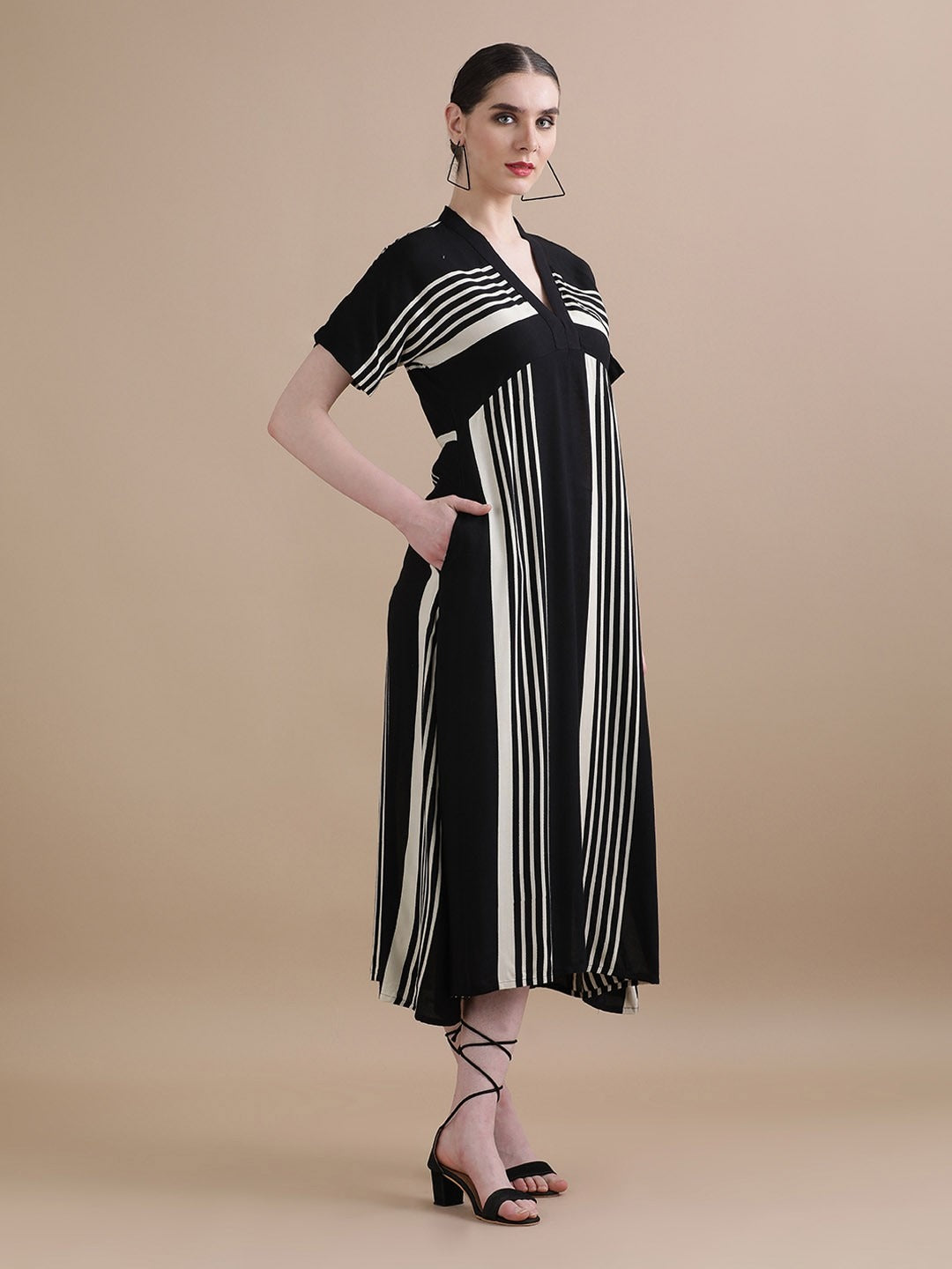 Women’s Black & White Striped Midi Dress | V-Neck Short Sleeve Straight Fit Casual & Office Wear Dress