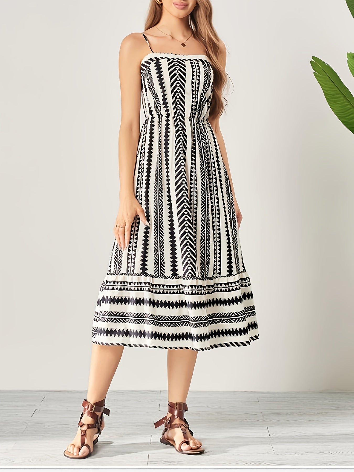 Women’s Black & White Printed Spaghetti Strap Midi Dress | Sleeveless Fit & Flare Casual Summer Dress