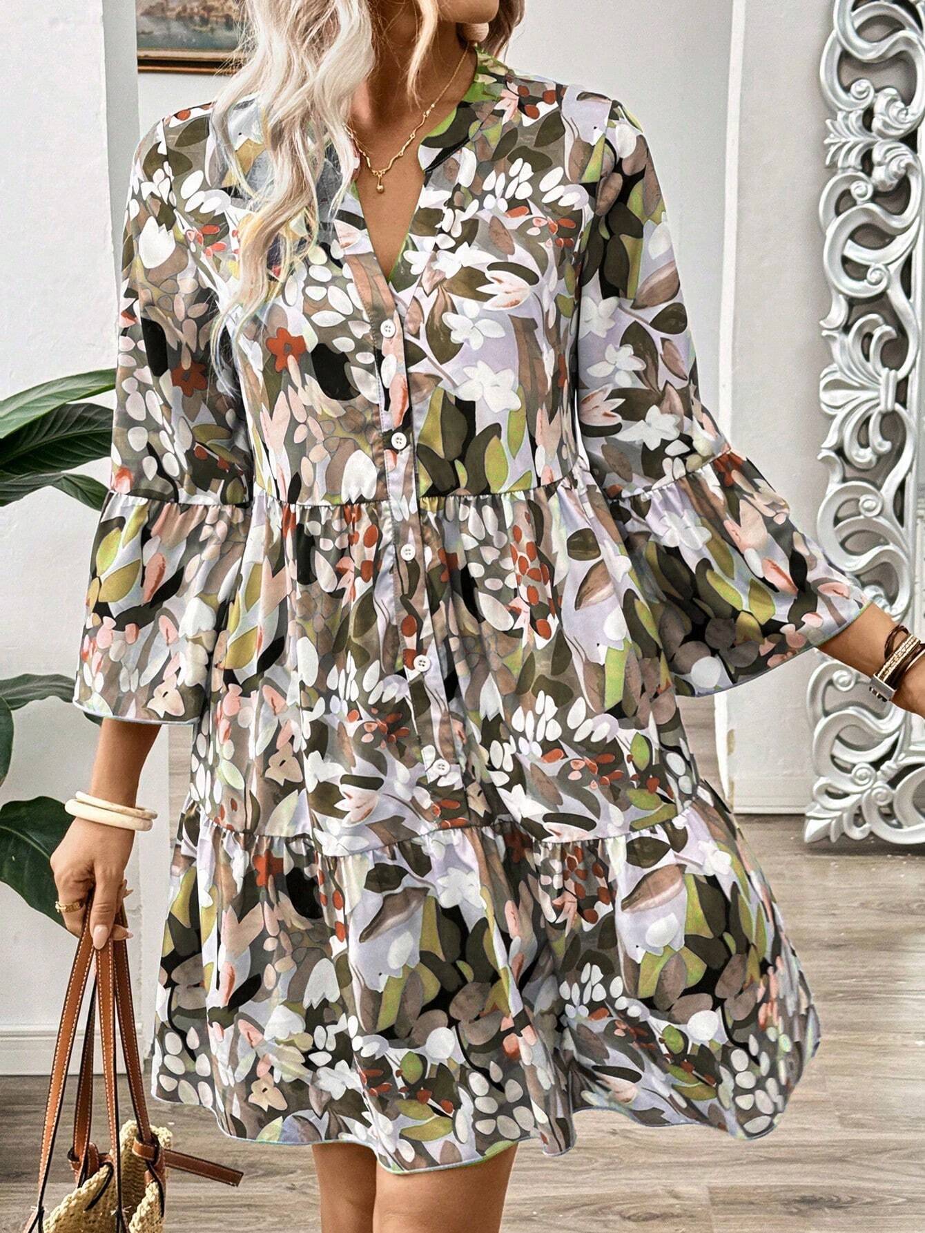 Women’s Floral Print Tiered Mini Dress | V-Neck Button Front Long Sleeve Casual & Party Wear Dress