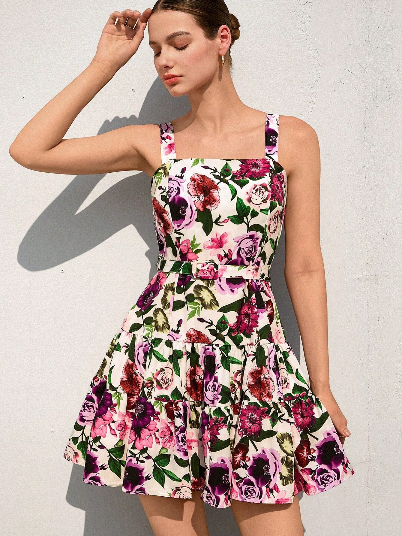 Women’s Floral Print Sleeveless Mini Dress | Square Neck Fit & Flare Summer Dress with Waist Belt