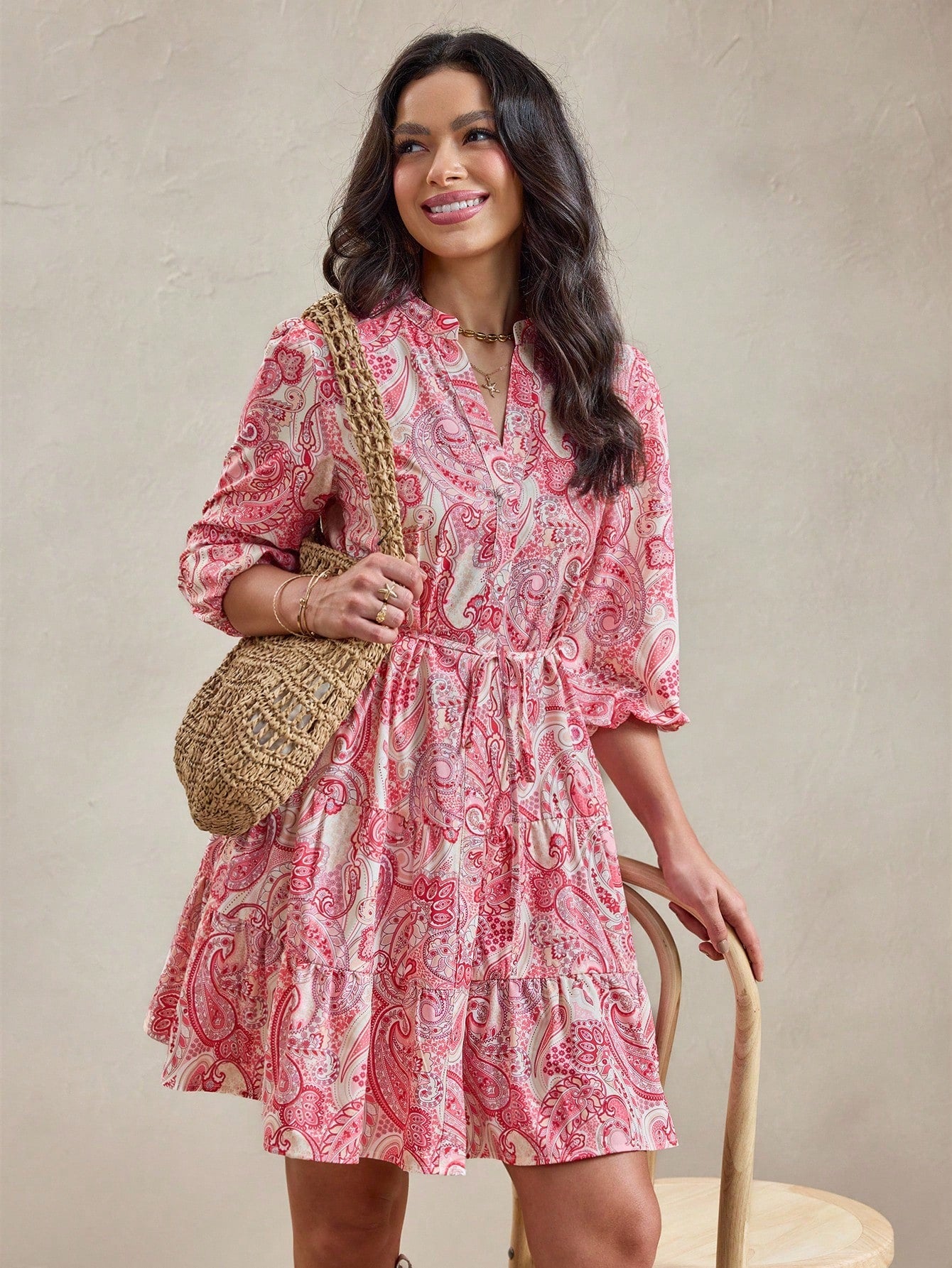 Women’s Pink Paisley Print Mini Dress | V-Neck 3/4 Sleeve Tie-Waist Fit & Flare Casual Dress