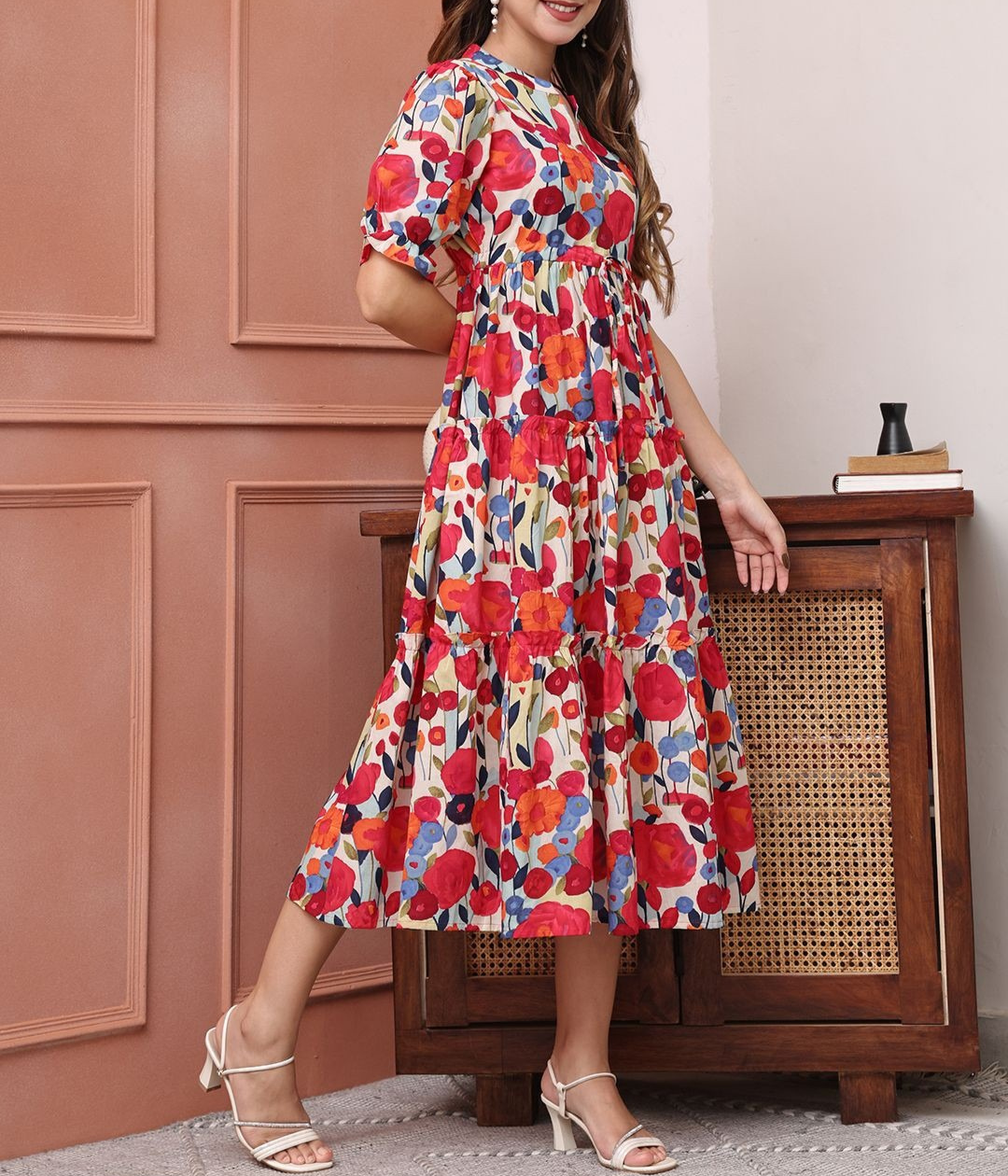 Women’s Multicolor Floral Print Tiered Midi Dress | Puff Sleeve Fit & Flare Casual & Party Wear Dress