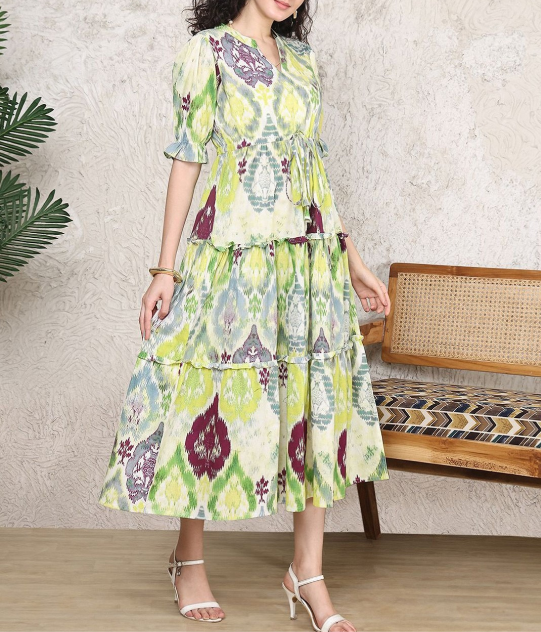 Women’s Printed Tiered Midi Dress | V-Neck Short Sleeve Tie-Waist Casual & Office Wear Dress