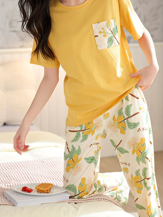 Bollyclues Women’s Yellow Floral Printed Nightwear Pajama Set | Soft Cotton T-Shirt with Printed Lounge Pants