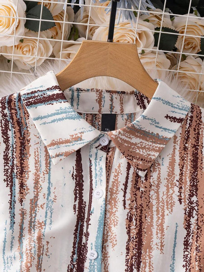 Women’s Abstract Stripe Print Shirt Midi Dress | Button Down 3/4 Sleeve Casual & Office Wear Long Dress
