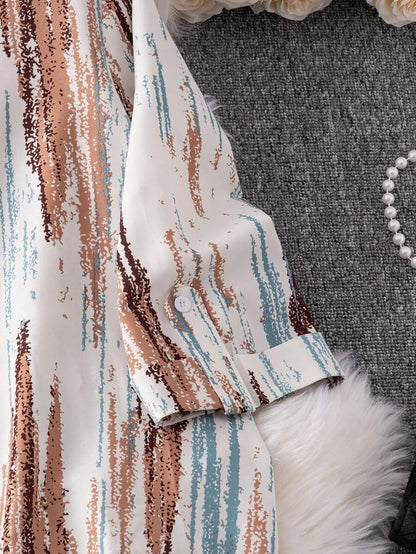 Women’s Abstract Stripe Print Shirt Midi Dress | Button Down 3/4 Sleeve Casual & Office Wear Long Dress