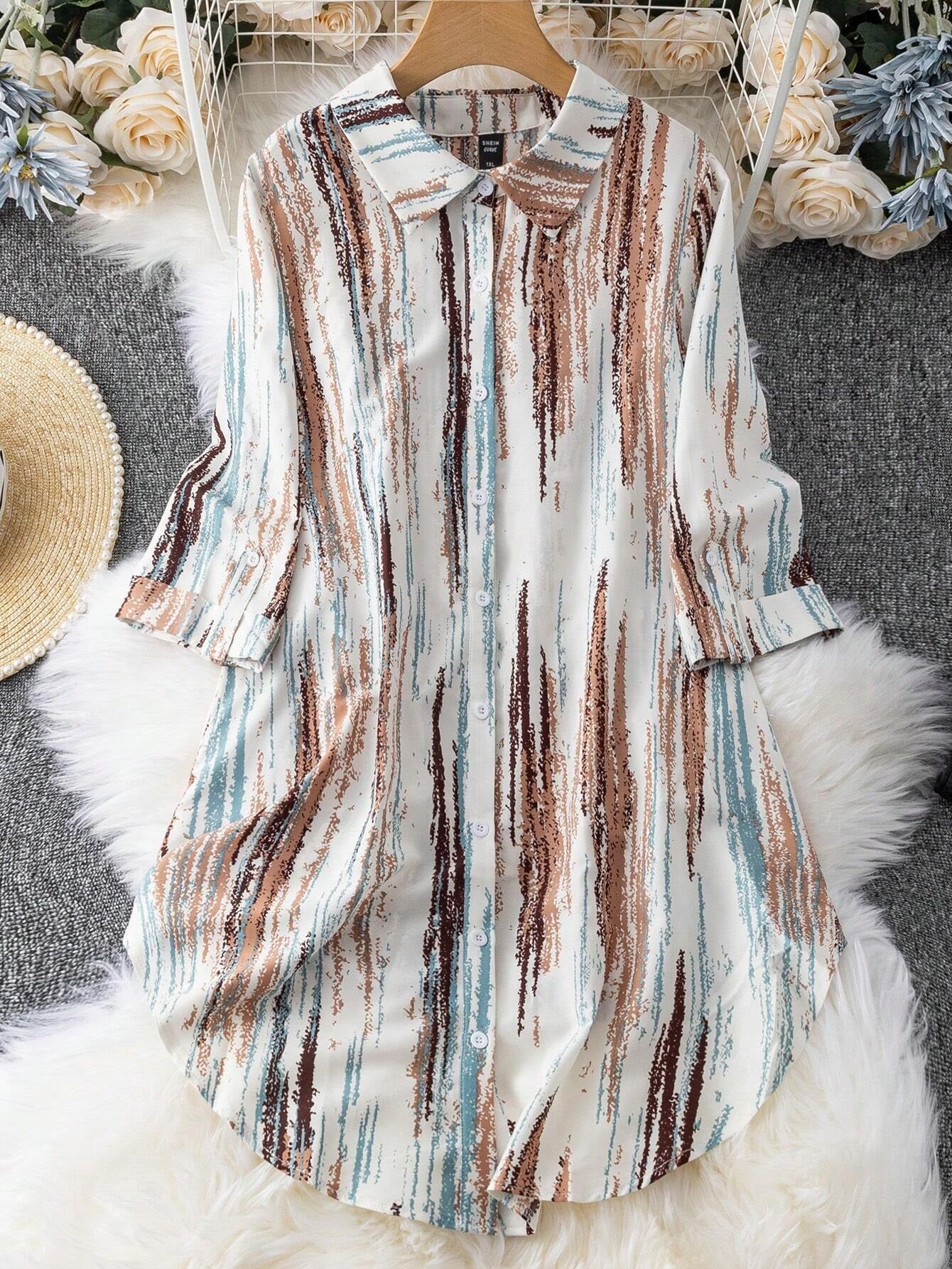 Women’s Abstract Stripe Print Shirt Midi Dress | Button Down 3/4 Sleeve Casual & Office Wear Long Dress