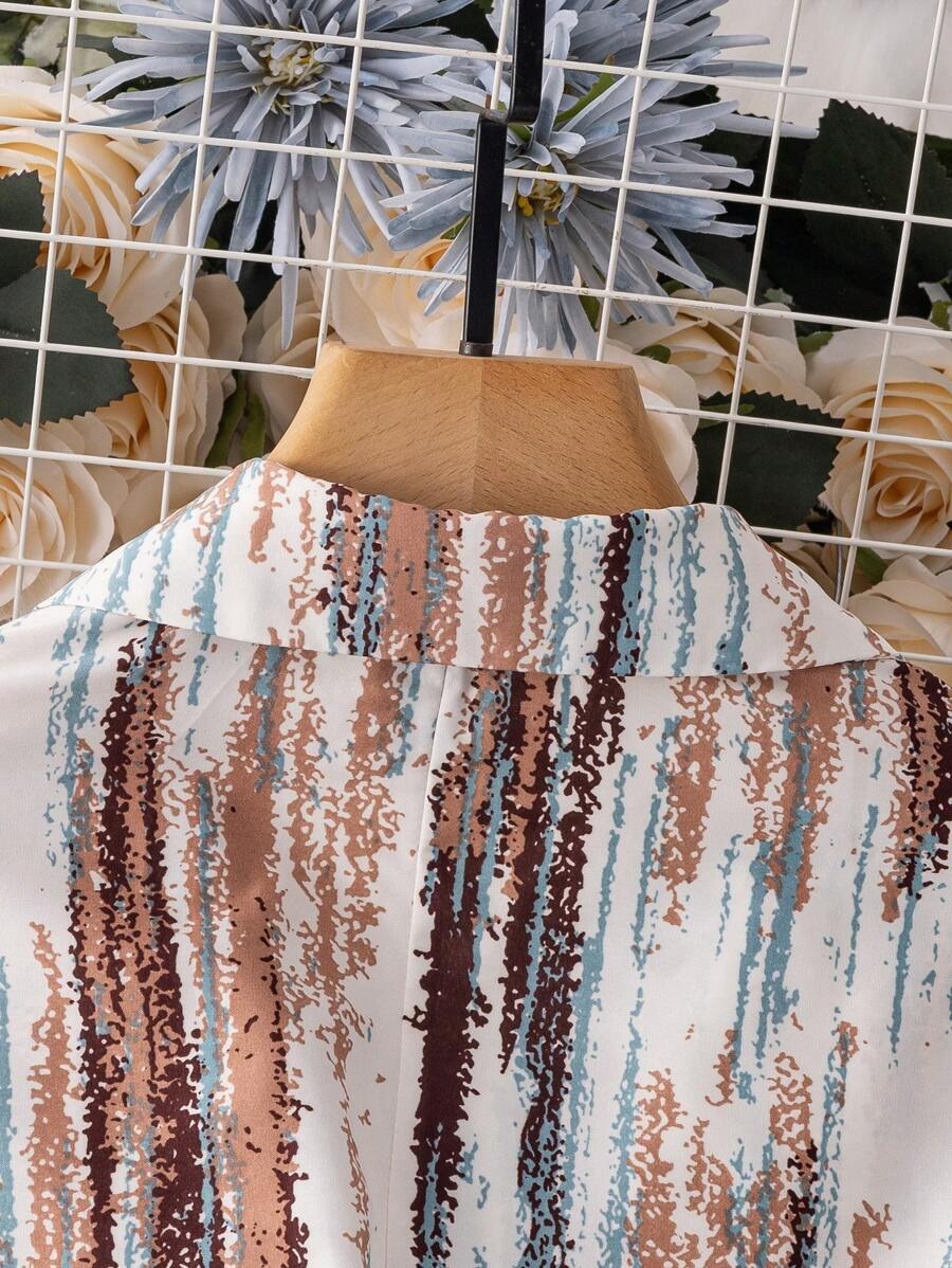 Women’s Abstract Stripe Print Shirt Midi Dress | Button Down 3/4 Sleeve Casual & Office Wear Long Dress