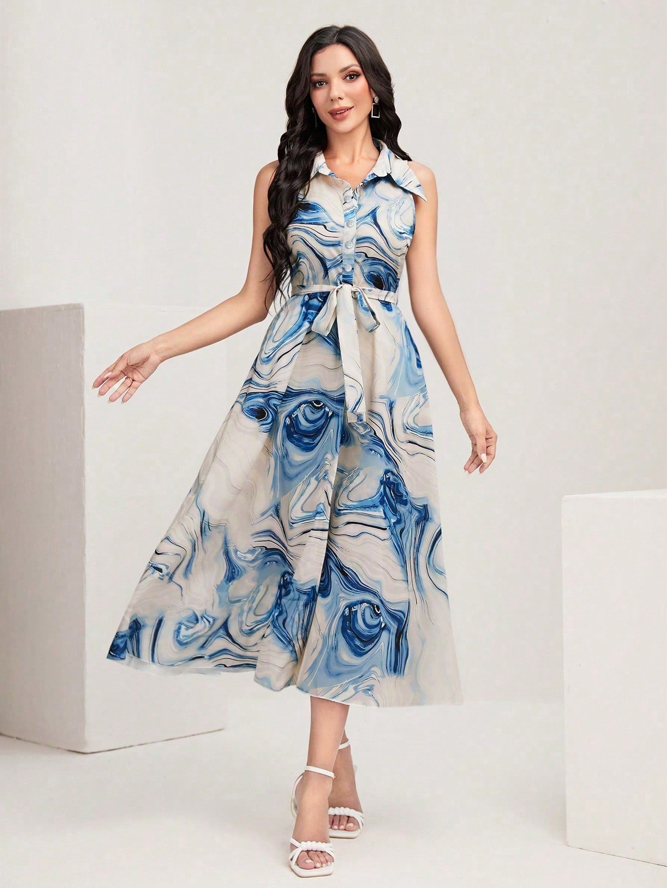 Women’s Blue Abstract Print Sleeveless Midi Dress | Button-Down Collar Dress with Waist Tie | Casual & Party Wear Long Dress