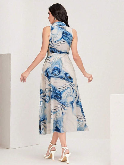 Women’s Blue Abstract Print Sleeveless Midi Dress | Button-Down Collar Dress with Waist Tie | Casual & Party Wear Long Dress