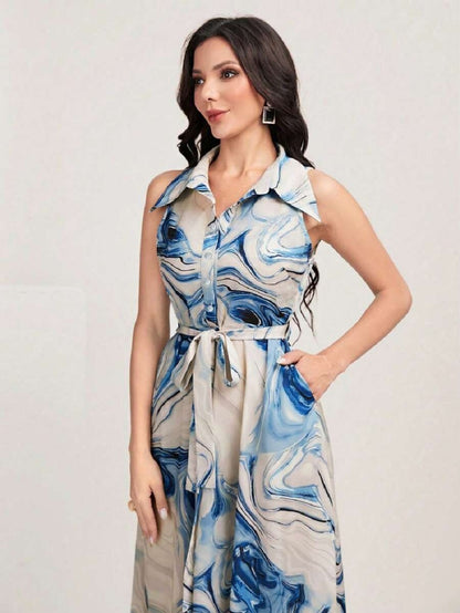 Women’s Blue Abstract Print Sleeveless Midi Dress | Button-Down Collar Dress with Waist Tie | Casual & Party Wear Long Dress