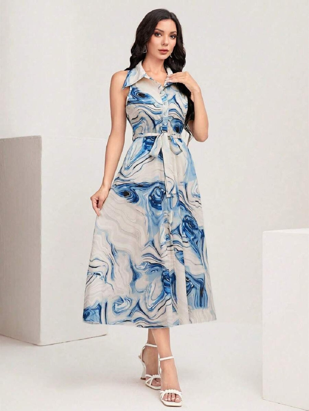 Women’s Blue Abstract Print Sleeveless Midi Dress | Button-Down Collar Dress with Waist Tie | Casual & Party Wear Long Dress