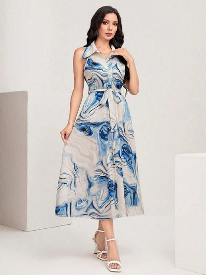 Women’s Blue Abstract Print Sleeveless Midi Dress | Button-Down Collar Dress with Waist Tie | Casual & Party Wear Long Dress