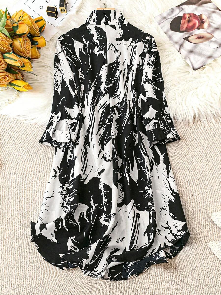 Women’s Black & White Abstract Print Shirt Midi Dress | Button Down 3/4 Sleeve Casual & Office Wear Dress