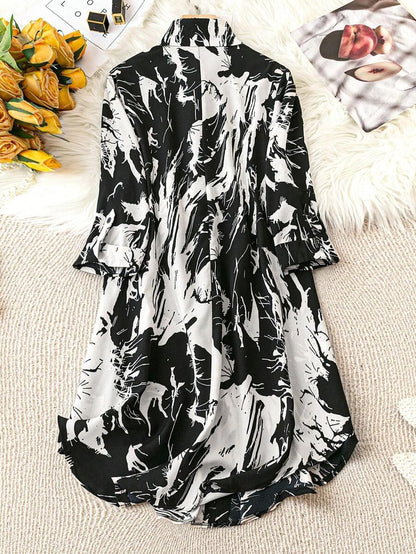 Women’s Black & White Abstract Print Shirt Midi Dress | Button Down 3/4 Sleeve Casual & Office Wear Dress