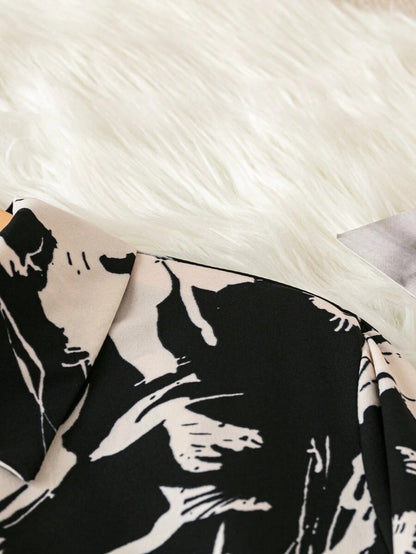 Women’s Black & White Abstract Print Shirt Midi Dress | Button Down 3/4 Sleeve Casual & Office Wear Dress