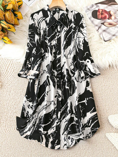 Women’s Black & White Abstract Print Shirt Midi Dress | Button Down 3/4 Sleeve Casual & Office Wear Dress