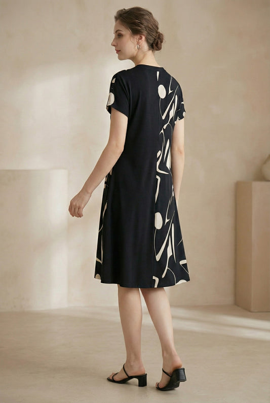 Elegant Black Abstract Print A-Line Dress for Women | Short Sleeve V-Neck Knee-Length Casual & Office Wear Dress