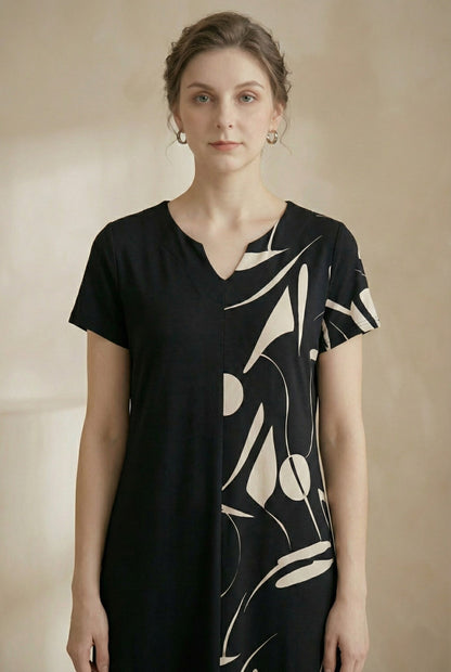 Elegant Black Abstract Print A-Line Dress for Women | Short Sleeve V-Neck Knee-Length Casual & Office Wear Dress