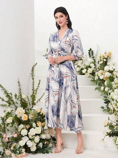 Women’s Abstract Marble Print Wrap Midi Dress | V-Neck 3/4 Sleeve Tie-Waist Flared Dress for Casual, Office & Party Wear