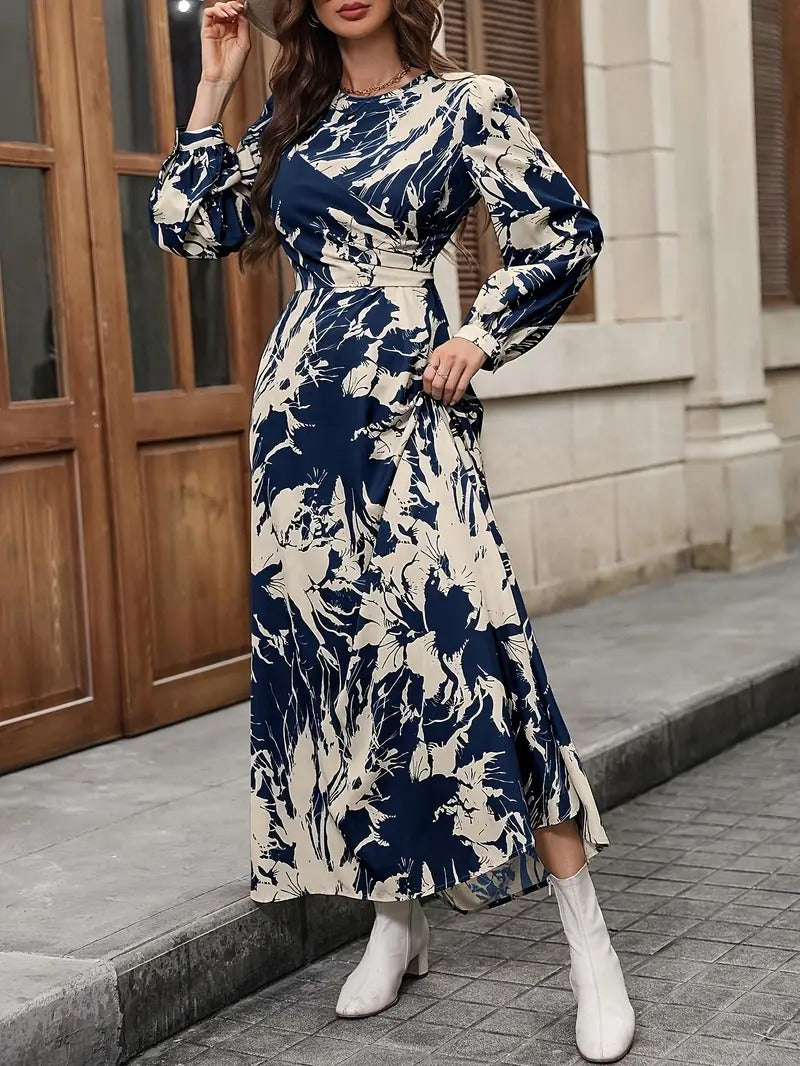 Women’s Navy Blue Abstract Print Long Sleeve Midi Dress | Elegant Round Neck Flared Dress for Office, Party & Casual Wear