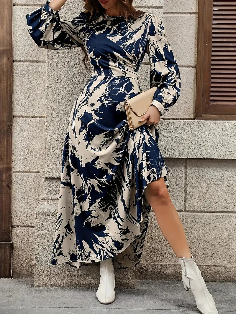 Women’s Navy Blue Abstract Print Long Sleeve Midi Dress | Elegant Round Neck Flared Dress for Office, Party & Casual Wear