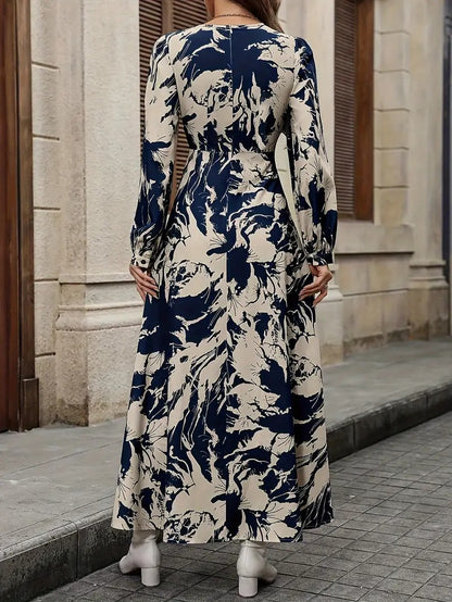 Women’s Navy Blue Abstract Print Long Sleeve Midi Dress | Elegant Round Neck Flared Dress for Office, Party & Casual Wear