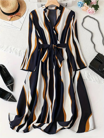 Women’s Vertical Stripe Wrap Midi Dress | V-Neck Long Sleeve Tie-Waist Casual & Office Wear Dress