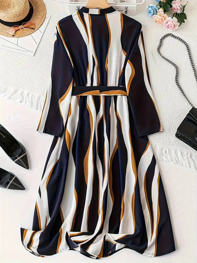 Women’s Vertical Stripe Wrap Midi Dress | V-Neck Long Sleeve Tie-Waist Casual & Office Wear Dress