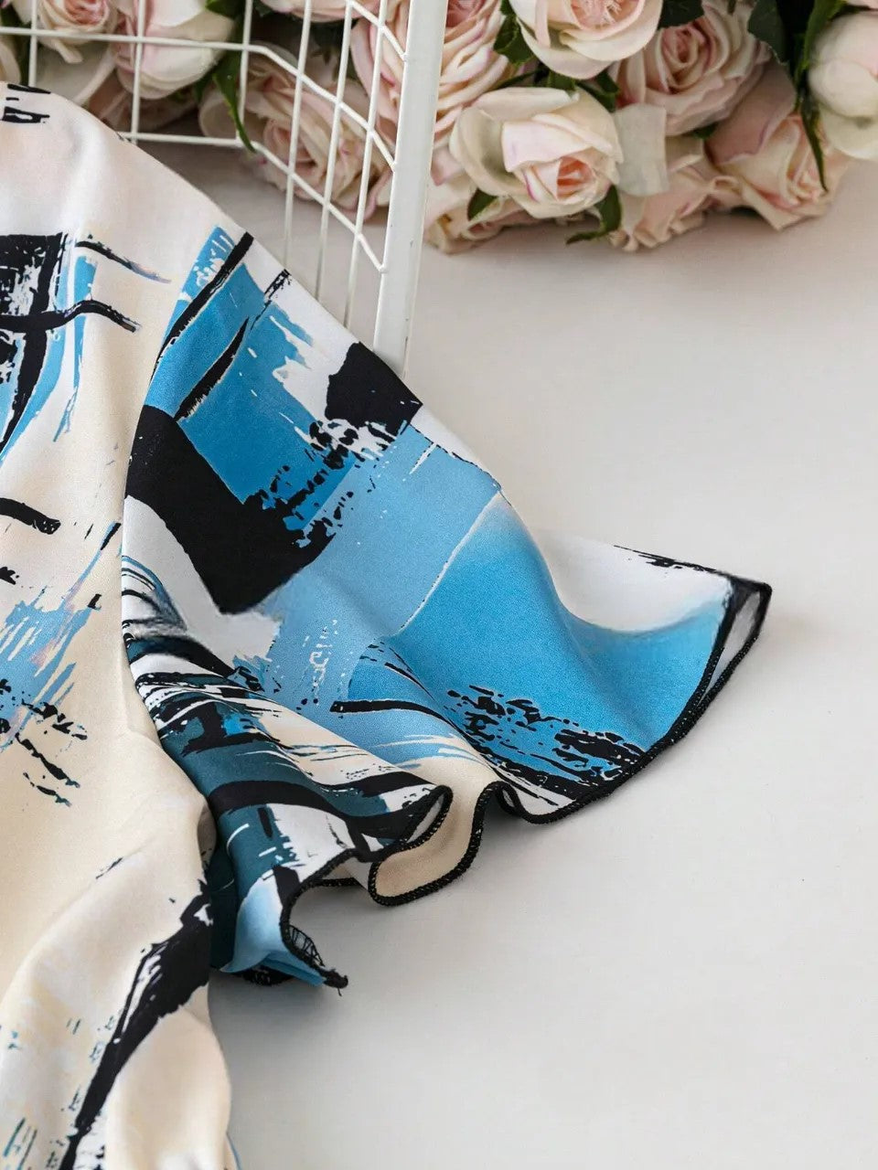 Women’s Blue Abstract Print Tiered Midi Dress | V-Neck Button Front Short Sleeve Casual Summer Dress