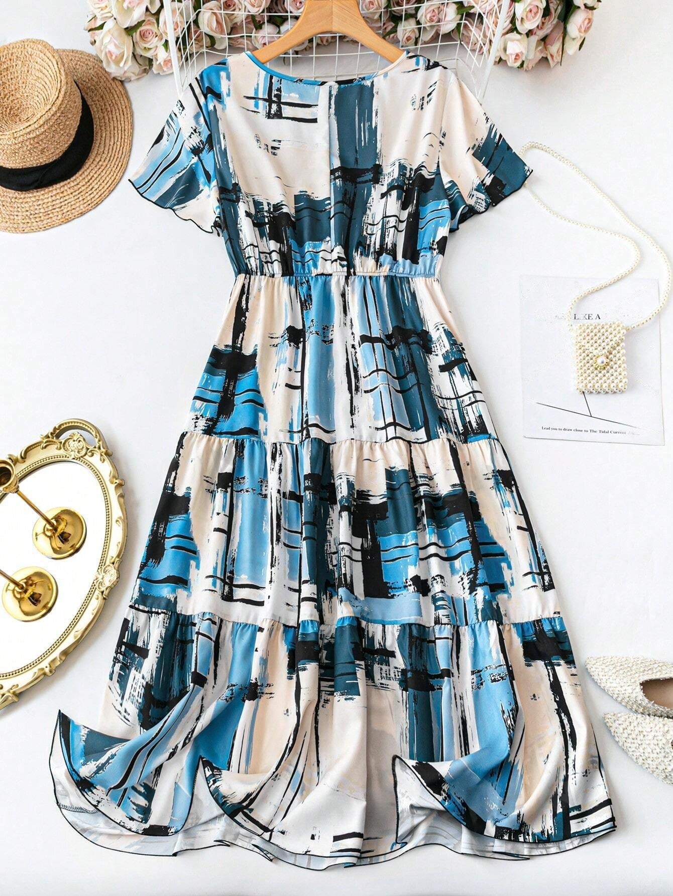 Women’s Blue Abstract Print Tiered Midi Dress | V-Neck Button Front Short Sleeve Casual Summer Dress