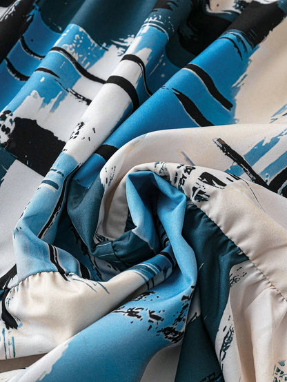 Women’s Blue Abstract Print Tiered Midi Dress | V-Neck Button Front Short Sleeve Casual Summer Dress