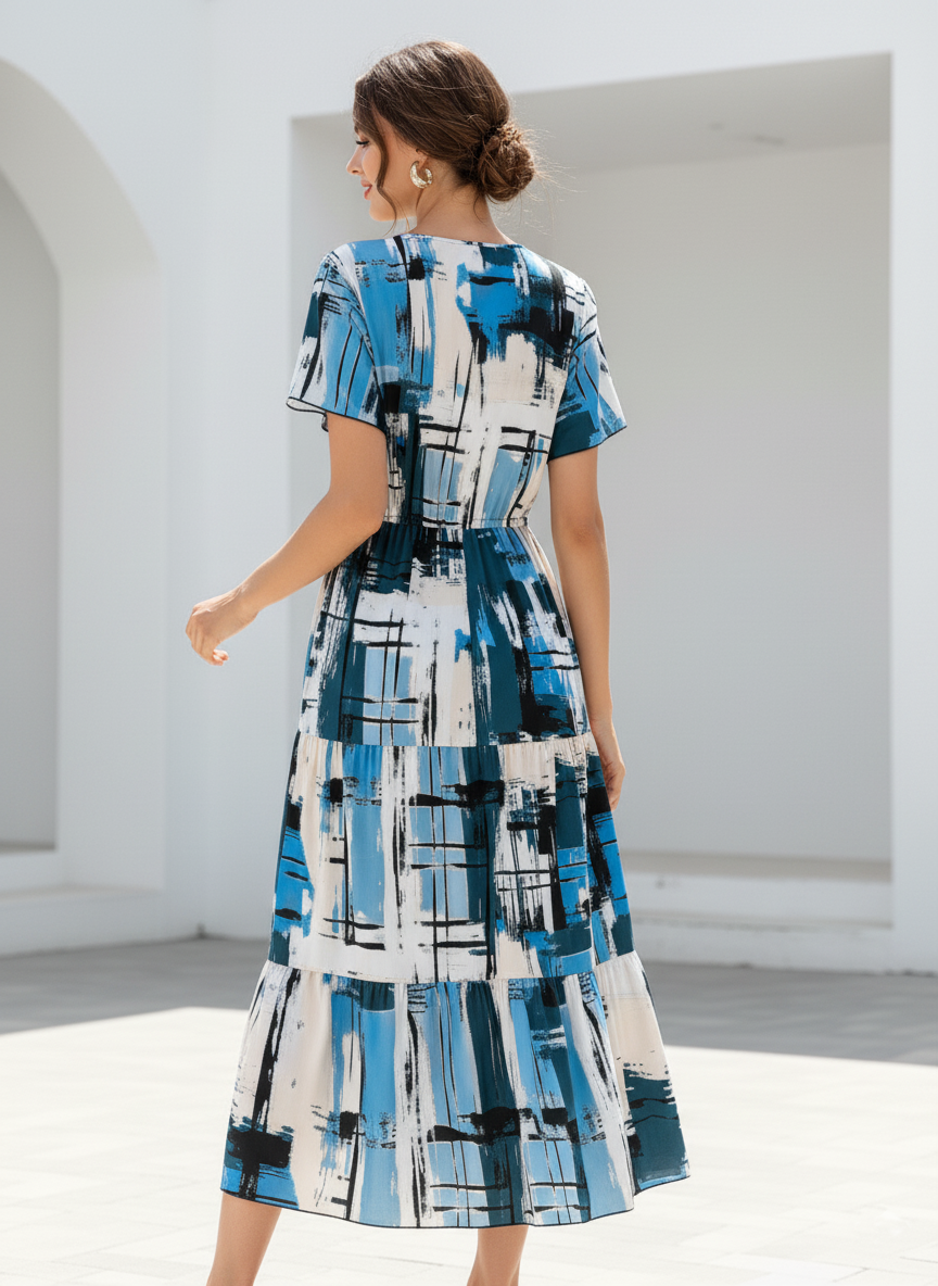 Women’s Blue Abstract Print Tiered Midi Dress | V-Neck Button Front Short Sleeve Casual Summer Dress