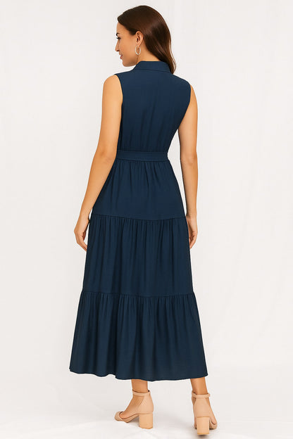 Women’s Navy Blue Sleeveless Maxi Dress | Button Front Collared Neck Tie-Waist Tiered Casual & Office Wear Dress