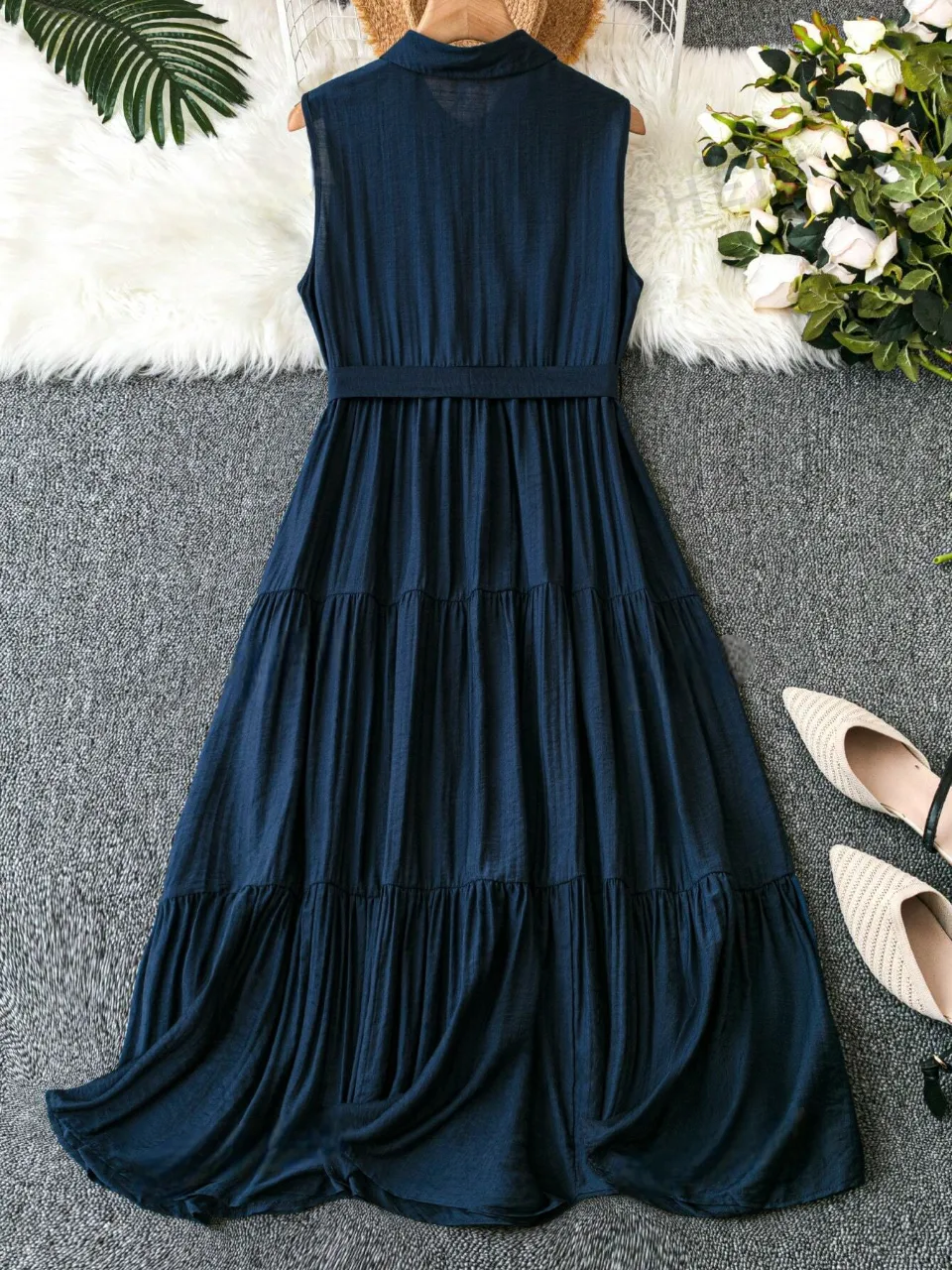 Women’s Navy Blue Sleeveless Maxi Dress | Button Front Collared Neck Tie-Waist Tiered Casual & Office Wear Dress