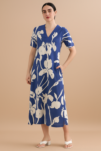 Women’s Blue Floral Print Maxi Dress | V-Neck Short Sleeve A-Line Long Dress with Pockets for Casual & Daily Wear