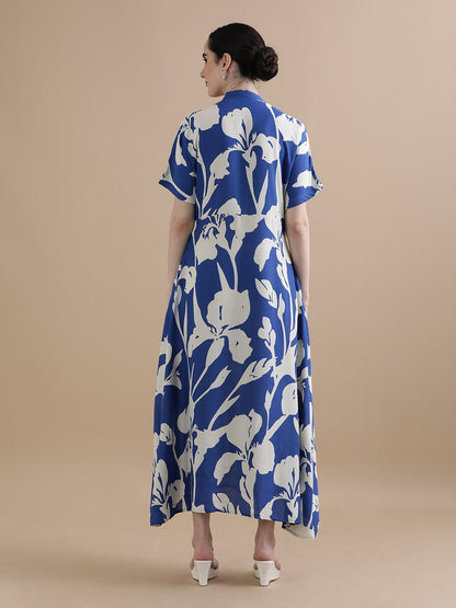 Women’s Blue Floral Print Maxi Dress | V-Neck Short Sleeve A-Line Long Dress with Pockets for Casual & Daily Wear