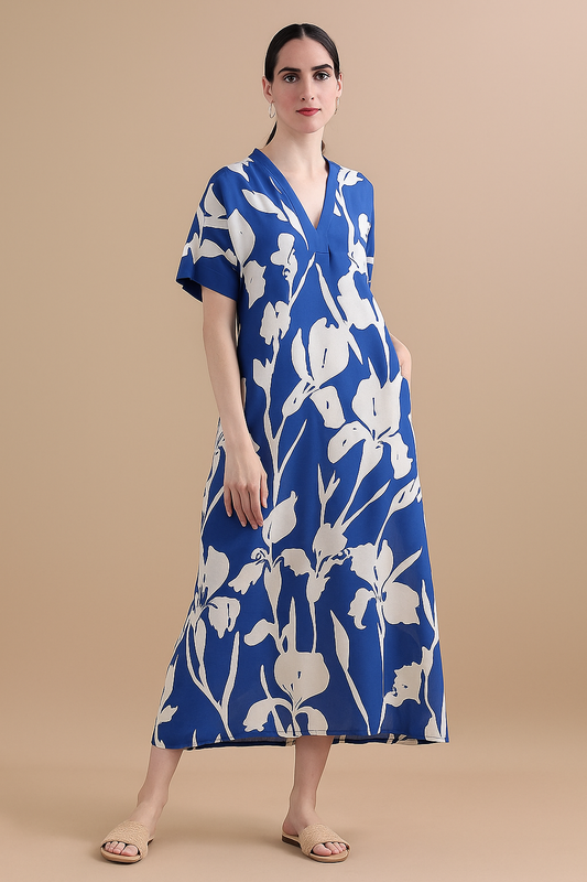 Women’s Blue Floral Print Maxi Dress | V-Neck Short Sleeve A-Line Long Dress with Pockets for Casual & Daily Wear