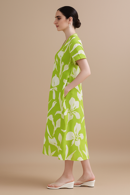 Women’s Blue Floral Print Maxi Dress | V-Neck Short Sleeve A-Line Long Dress with Pockets for Casual & Daily Wear