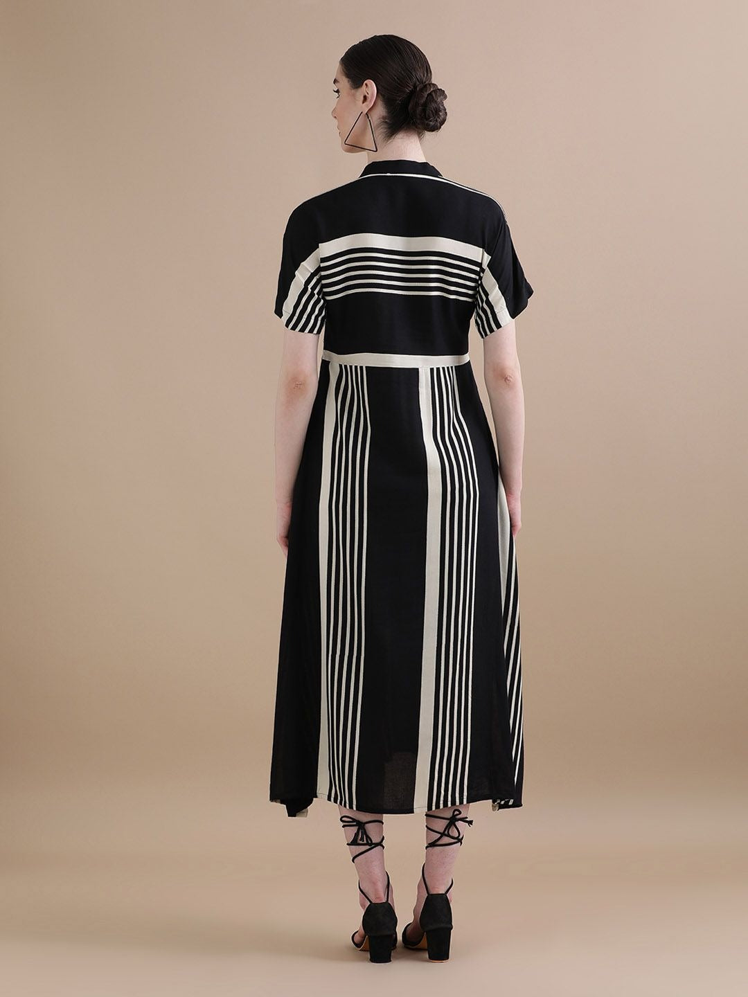Women’s Black & White Striped Midi Dress | V-Neck Short Sleeve Straight Fit Casual & Office Wear Dress