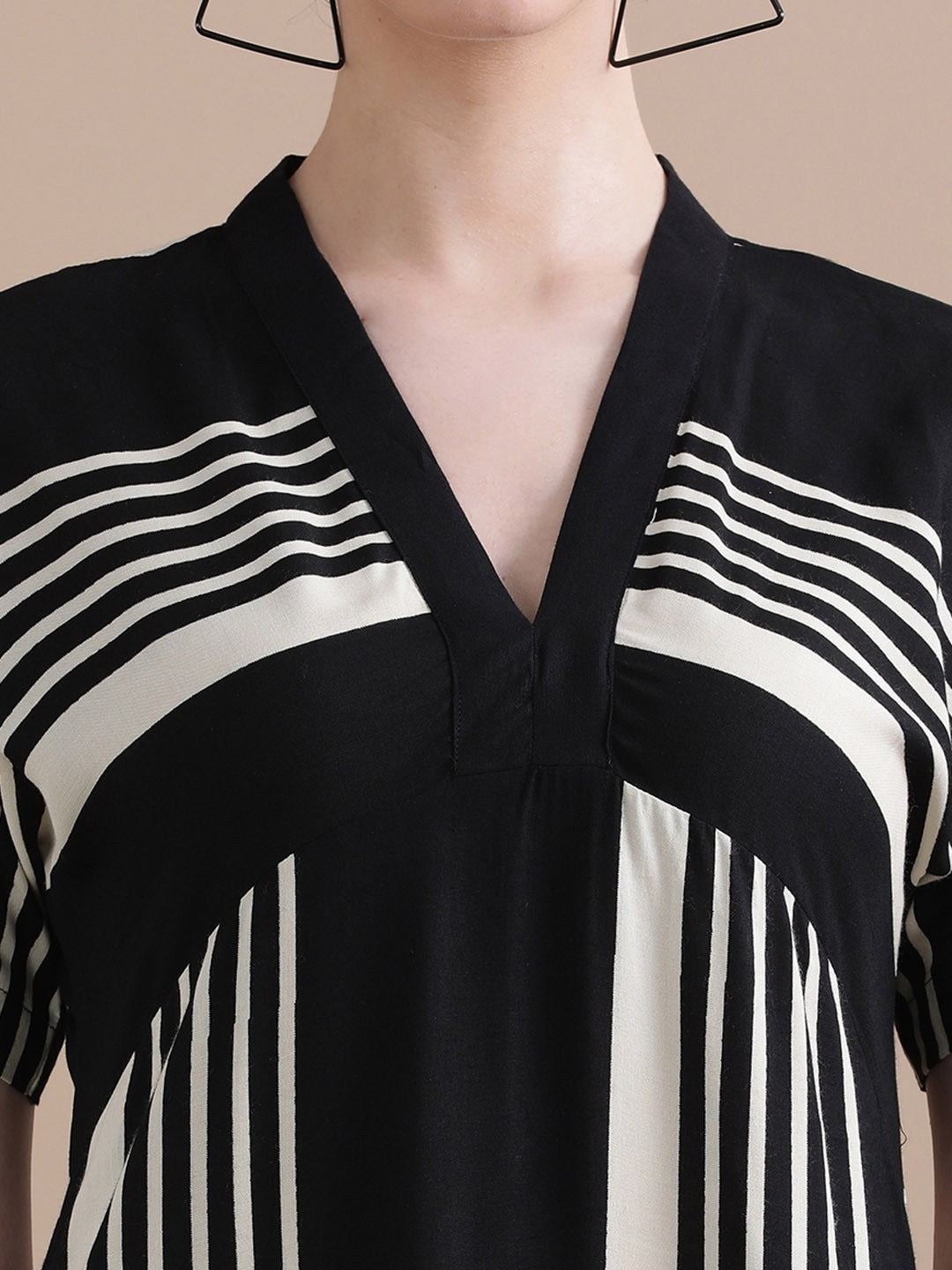 Women’s Black & White Striped Midi Dress | V-Neck Short Sleeve Straight Fit Casual & Office Wear Dress