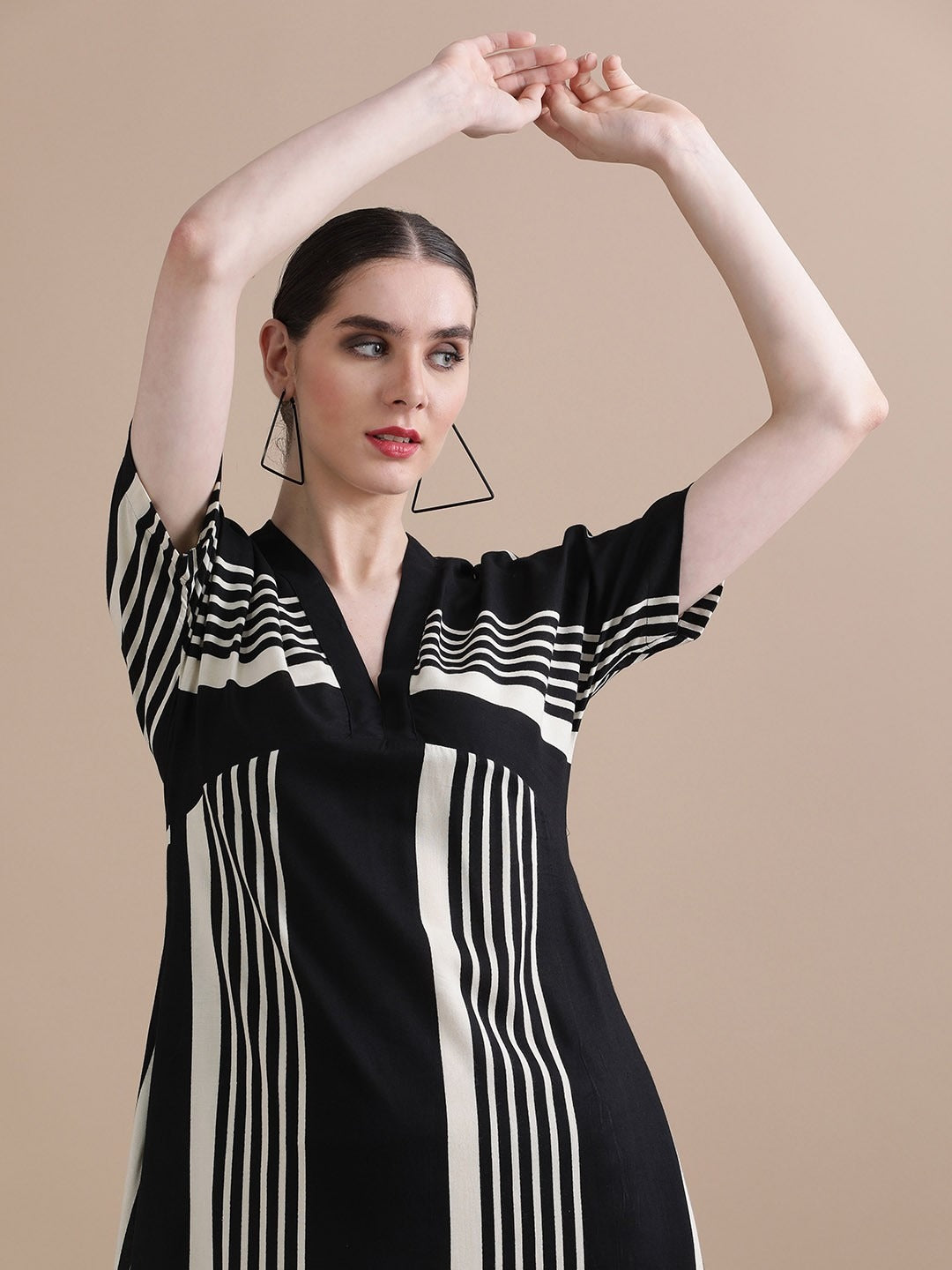 Women’s Black & White Striped Midi Dress | V-Neck Short Sleeve Straight Fit Casual & Office Wear Dress