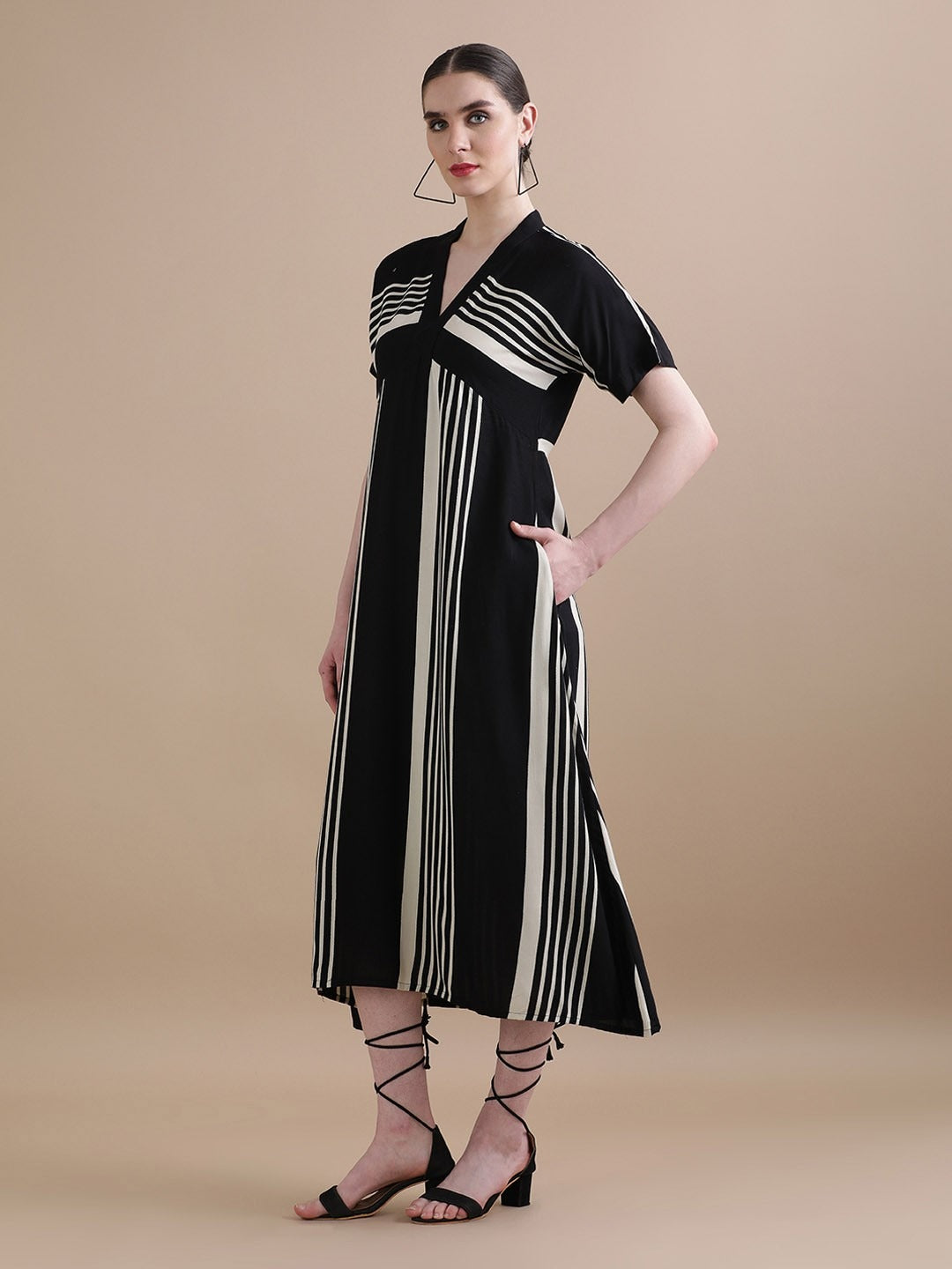 Women’s Black & White Striped Midi Dress | V-Neck Short Sleeve Straight Fit Casual & Office Wear Dress