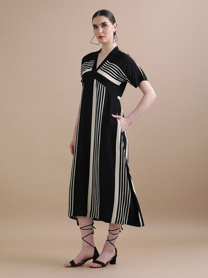 Women’s Black & White Striped Midi Dress | V-Neck Short Sleeve Straight Fit Casual & Office Wear Dress