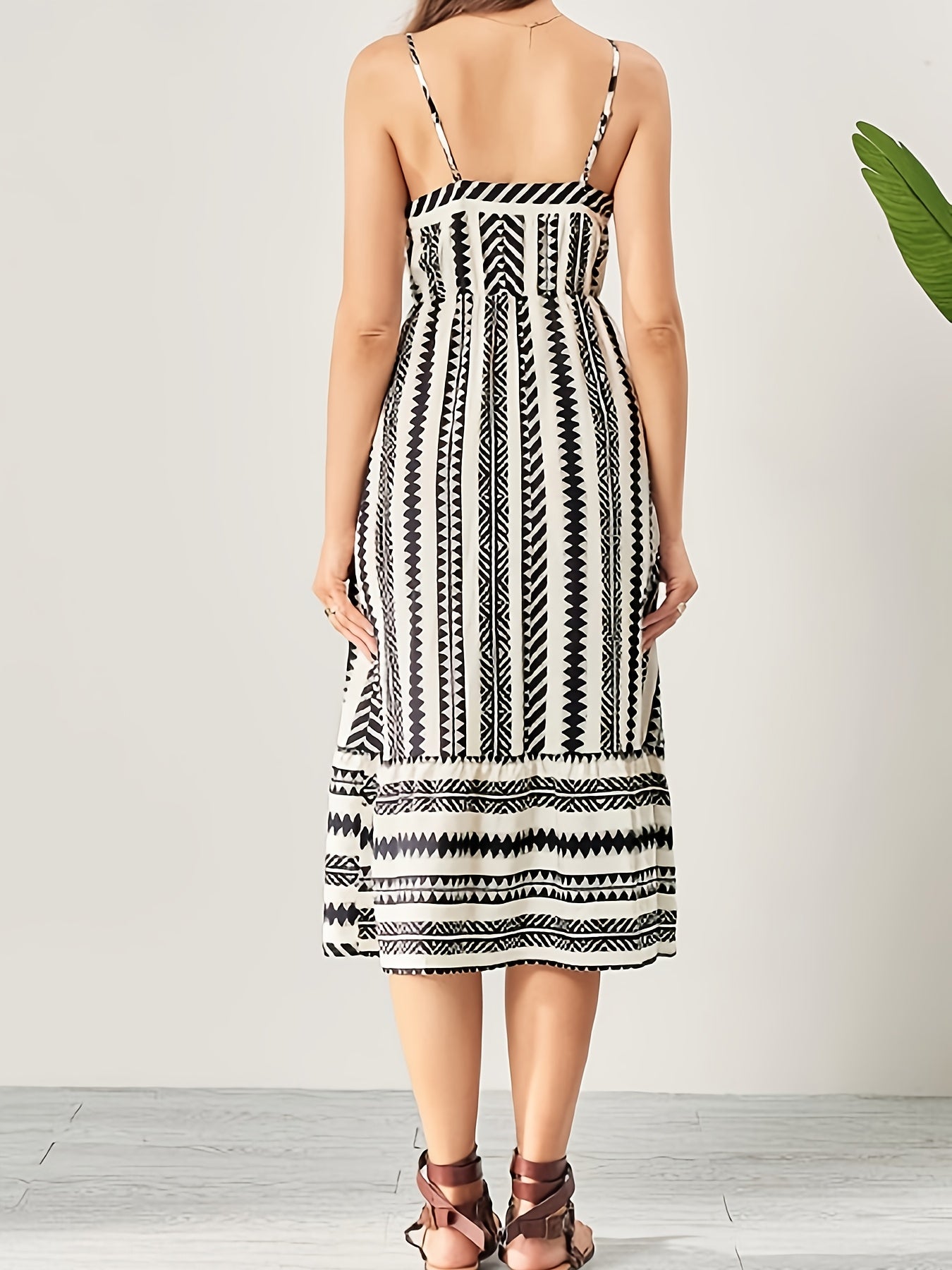 Women’s Black & White Printed Spaghetti Strap Midi Dress | Sleeveless Fit & Flare Casual Summer Dress