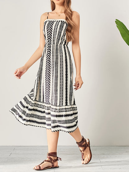 Women’s Black & White Printed Spaghetti Strap Midi Dress | Sleeveless Fit & Flare Casual Summer Dress