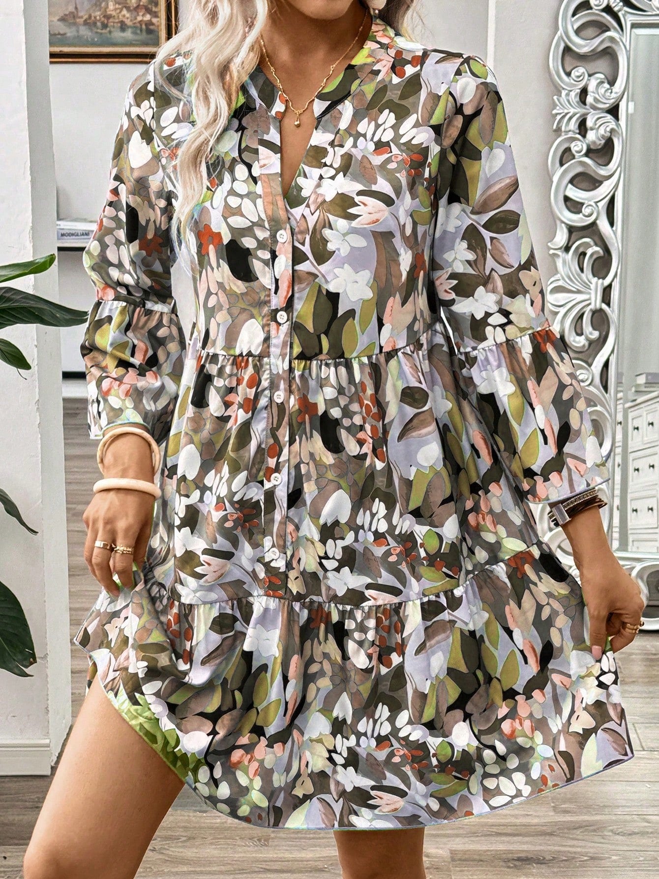 Women’s Floral Print Tiered Mini Dress | V-Neck Button Front Long Sleeve Casual & Party Wear Dress